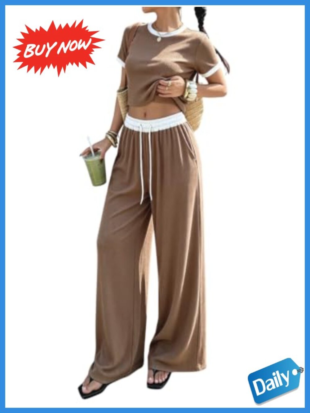 Ribbed Knit Crop Top & Wide Leg Pants Set Casual 2 Piece